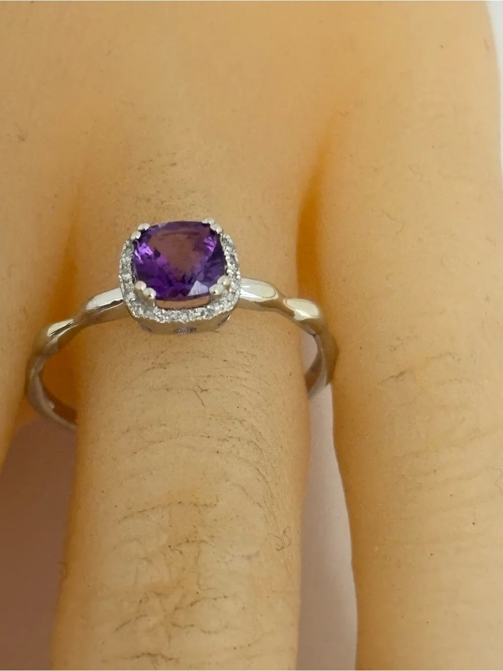 14 k white gold Cushion-Cut Purple Amethyst & Diamond Halo Ring